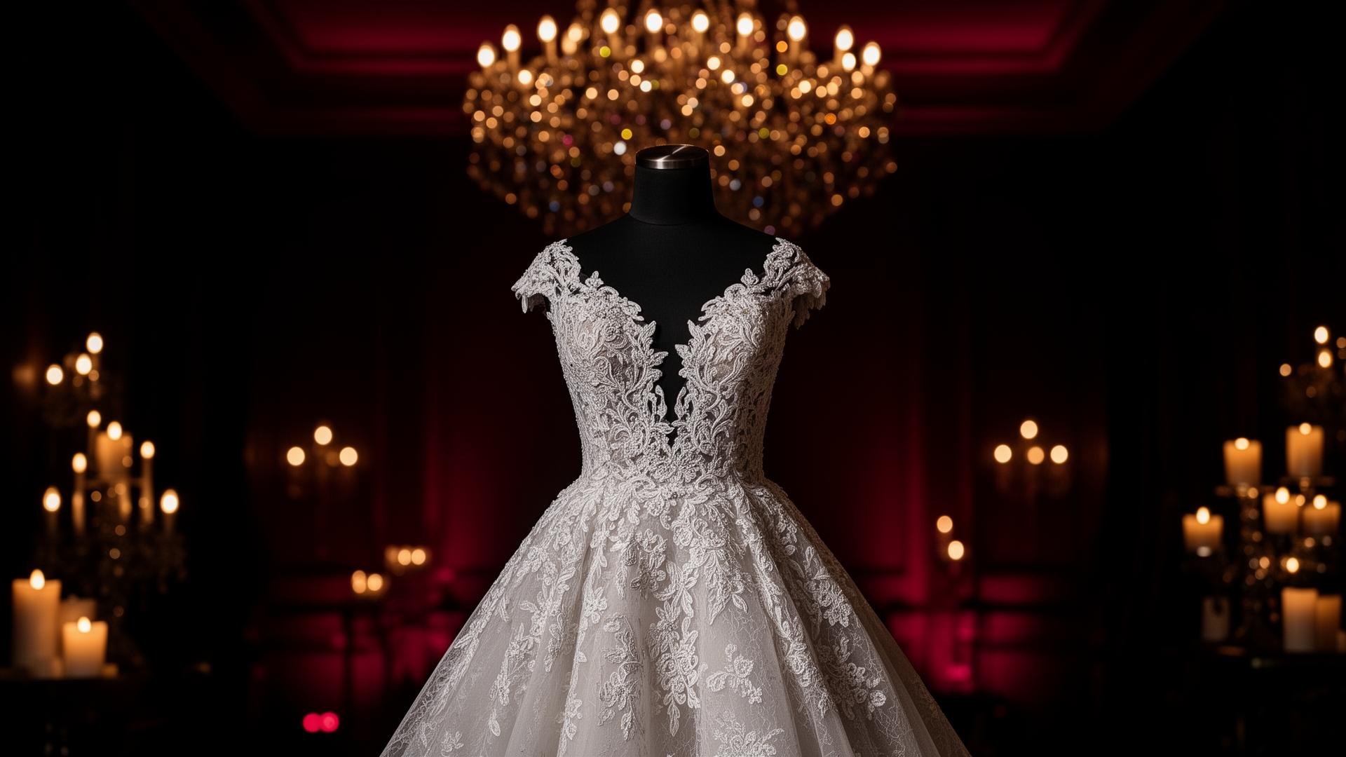 Vestido de noiva em ateliê elegante com iluminação dramática